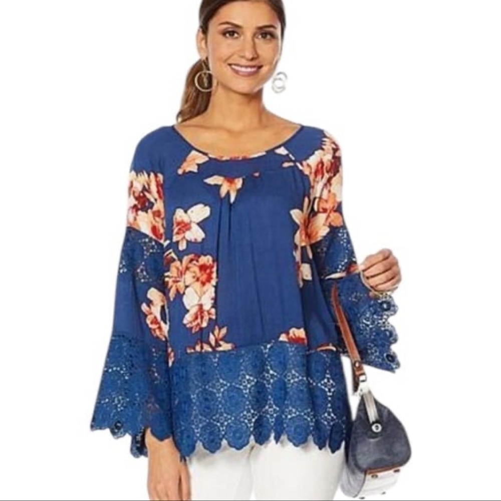 Curations Women's Floral Gauze Lace Trimmed Tunic Top Blouse size Large New!